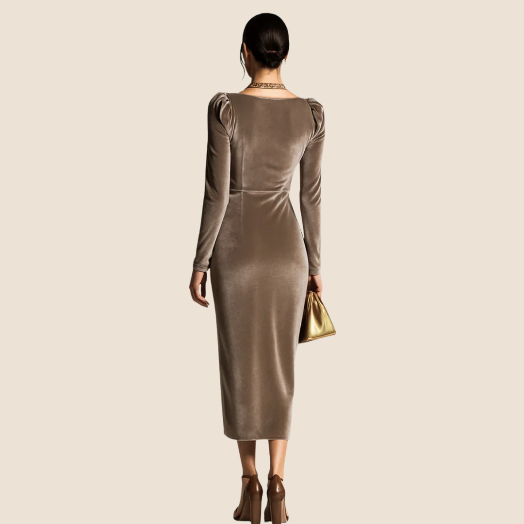 Sabine | Elegante midijurk met zachte watervalhals