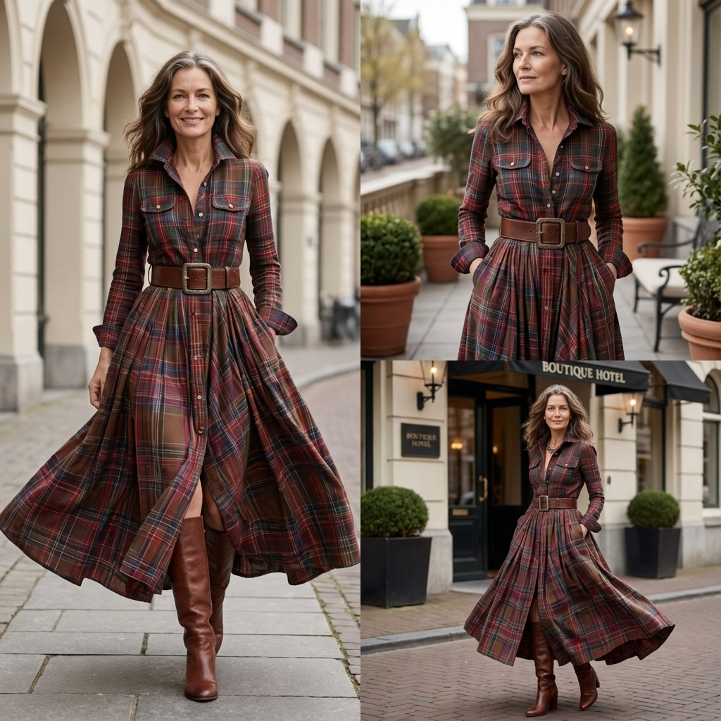 Barbara | Warme & elegante ruitjurk met ceintuur